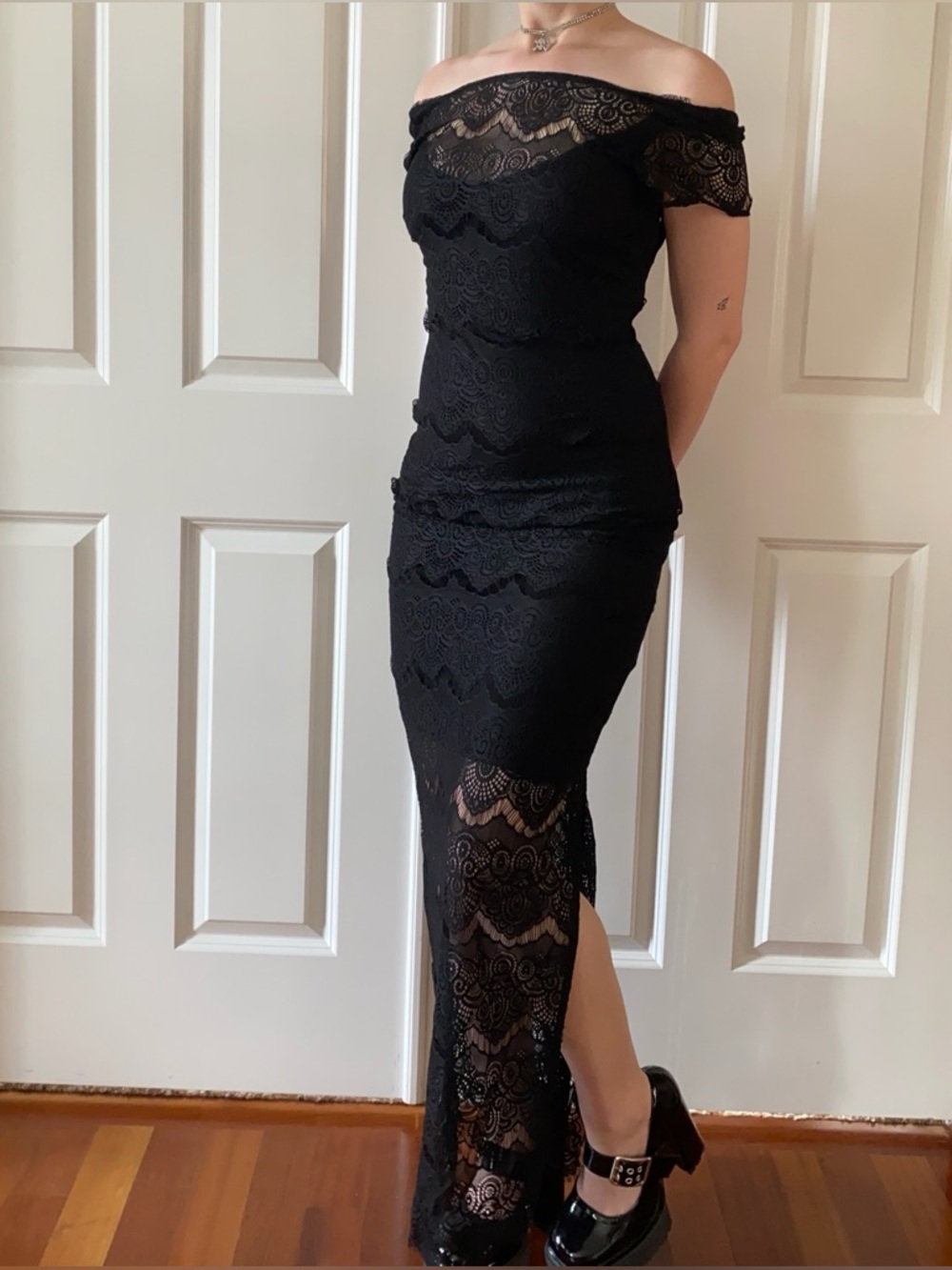 Y2k Bebe Black Lace Dress with Cut Out Back & Leg Slit